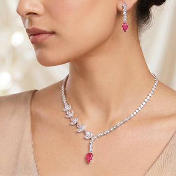 PRAO Necklace Anti-Tarnish Pink Crystal Tennis Y-Set With Earrings