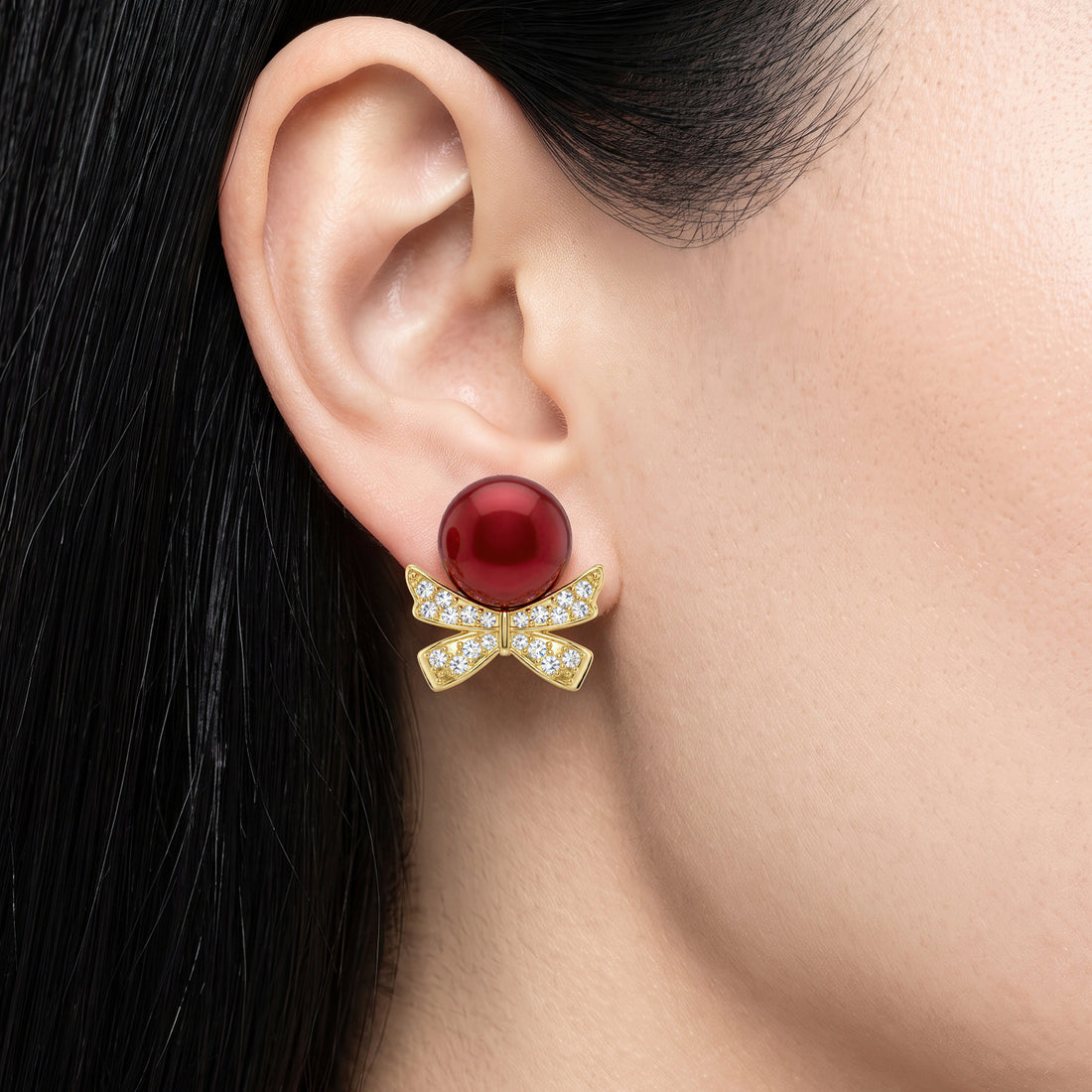 PRAO Earrings Anti-Tarnish Bow Red Pearl
