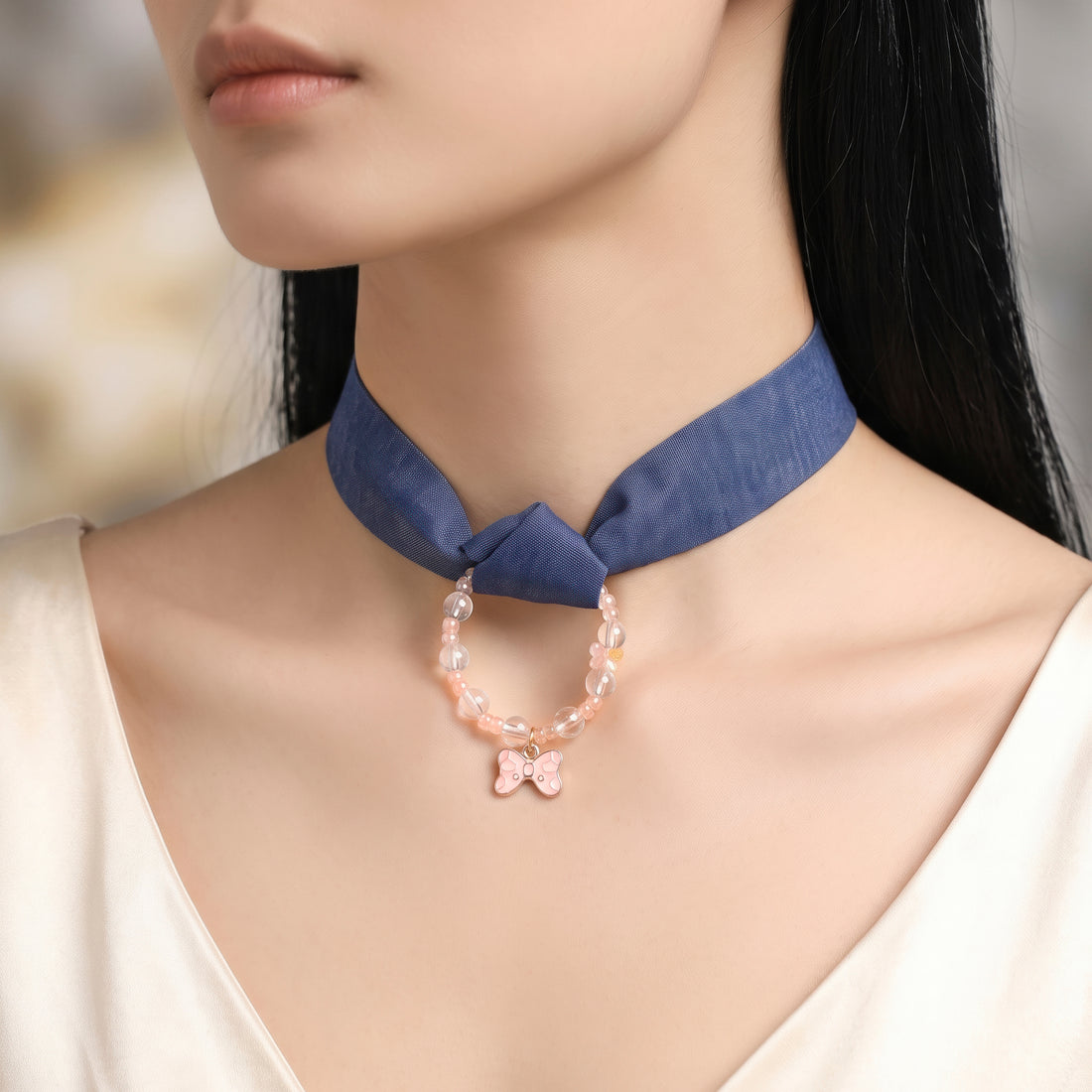 PRAO Necklace Cum Bracelet Denim Scarf With Butterfly Charm And Crystal Beads