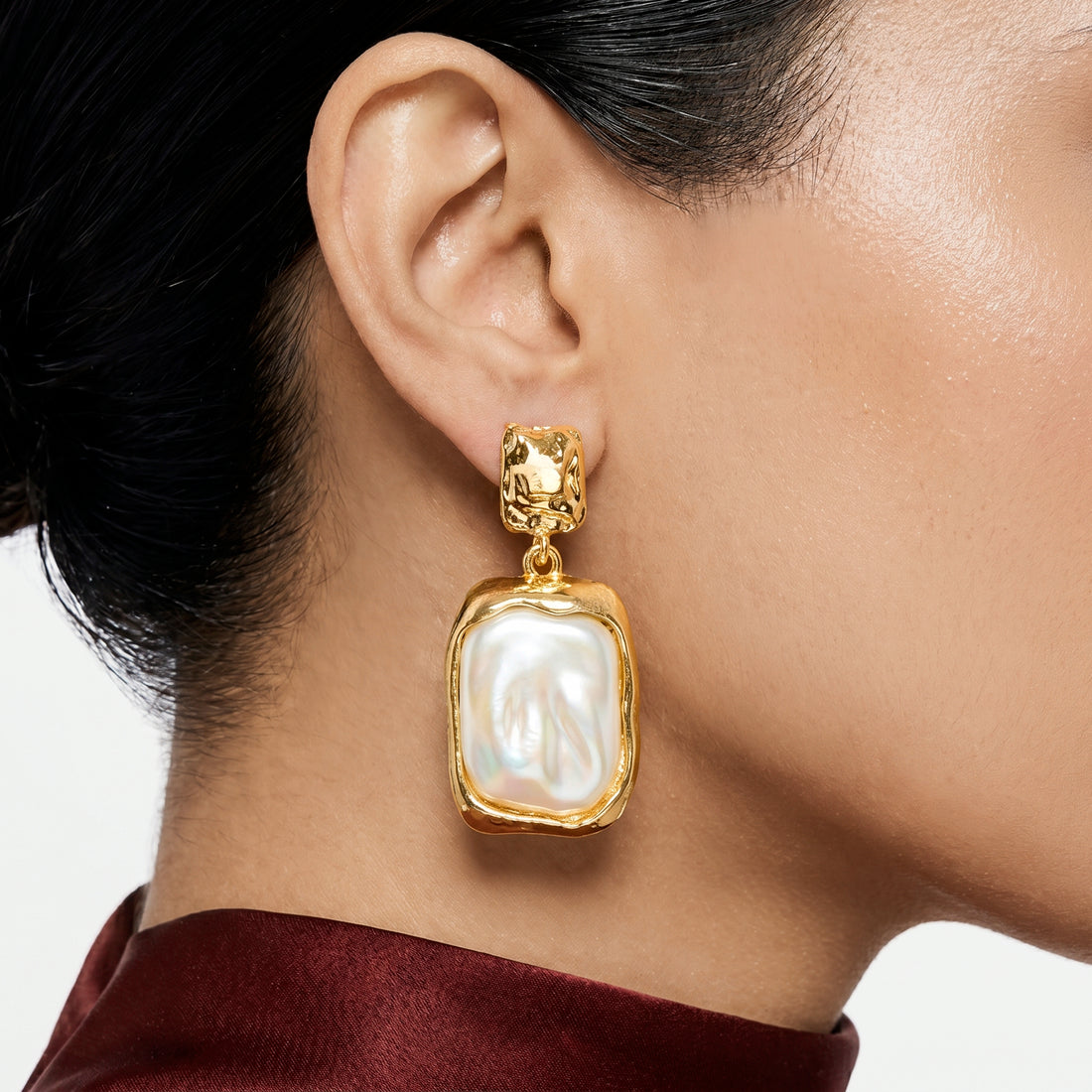 PRAO Earrings Anti-Tarnish Hammered Gold Frame Pearl
