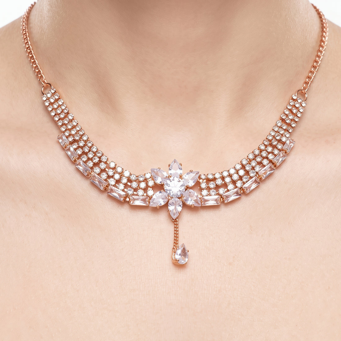 PRAO Necklace Anti-Tarnish Delicate Design With Rhinestones, Floral Motif, and Teardrop Gem