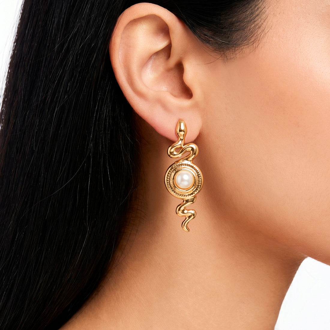 PRAO Earrings Anti-Tarnish Golden Snake Pearl Set