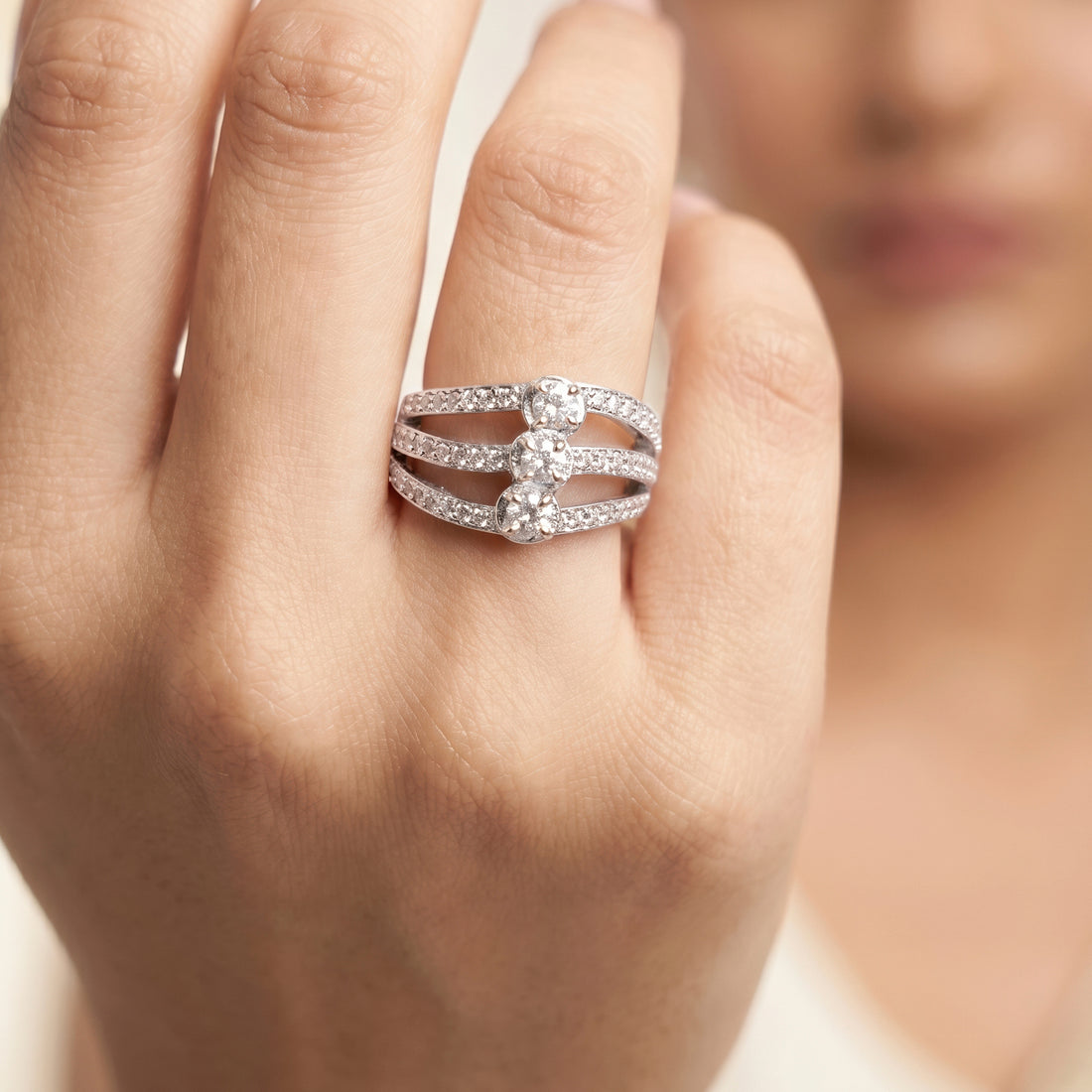 PRAO Ring Anti-Tarnish Three-Row Crystal (Adjustable Size)