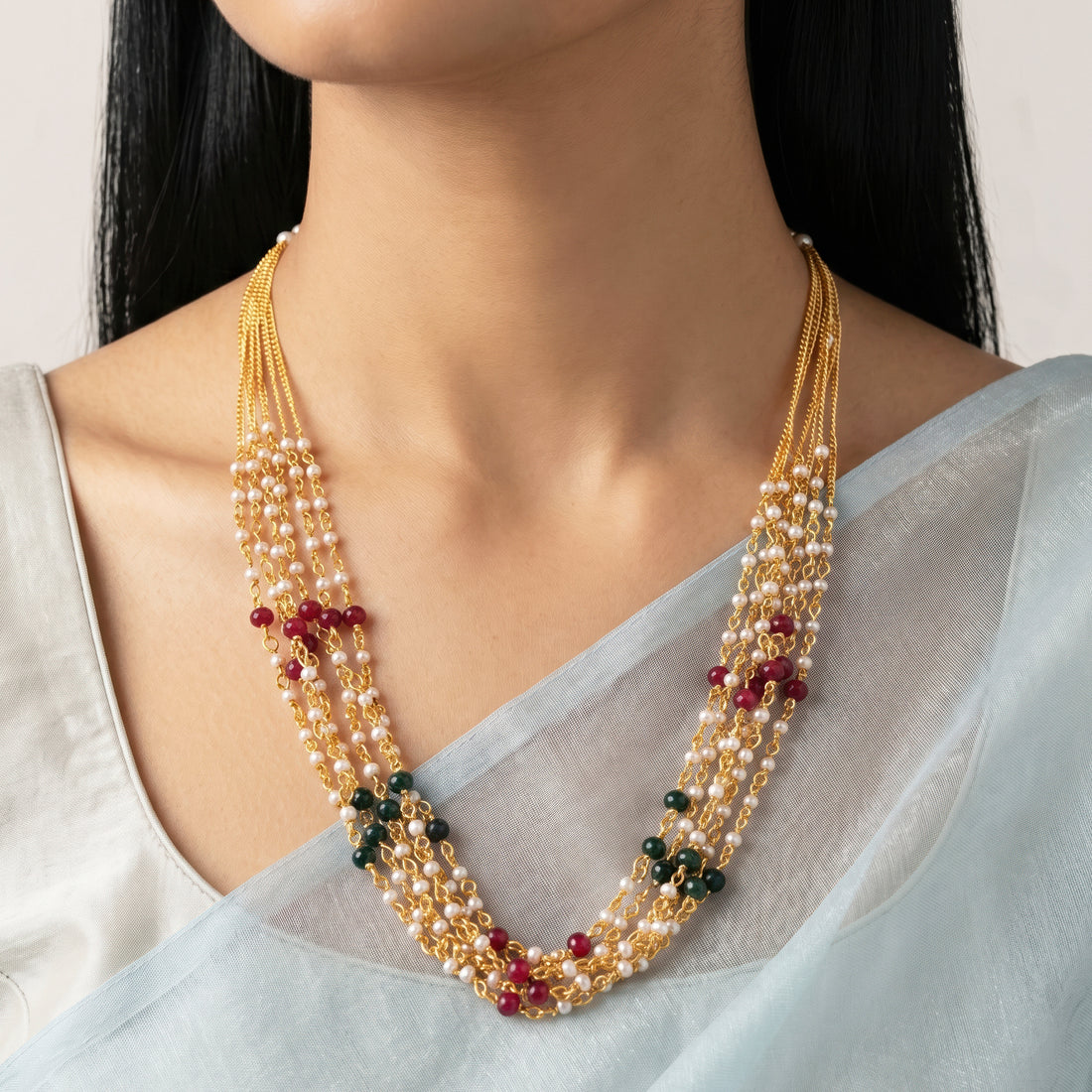 PRAO Necklace Anti-Tarnish Multi-Strand  With Red, Green And Pearl Beads