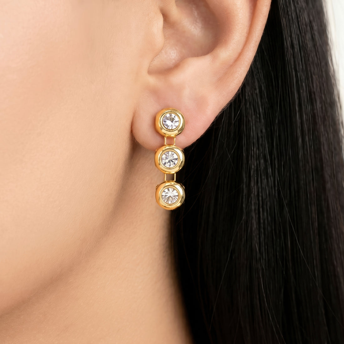 PRAO Earrings Anti-Tarnish Triple-Drop Bezel-Set Crystal