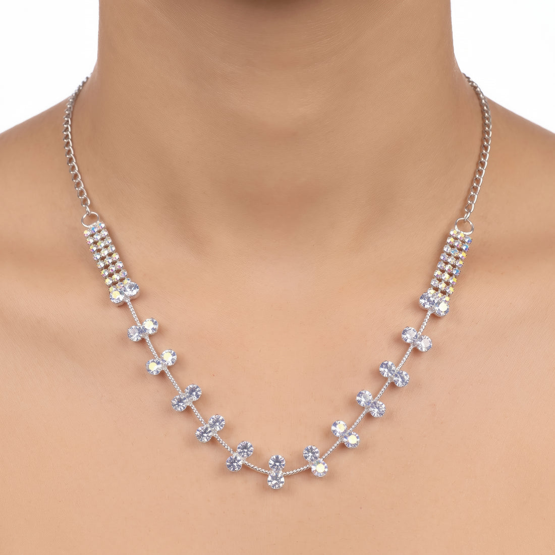 PRAO Necklace Anti-Tarnish Multi Strand Rhinestone Chain With Wavy Crystal Accents