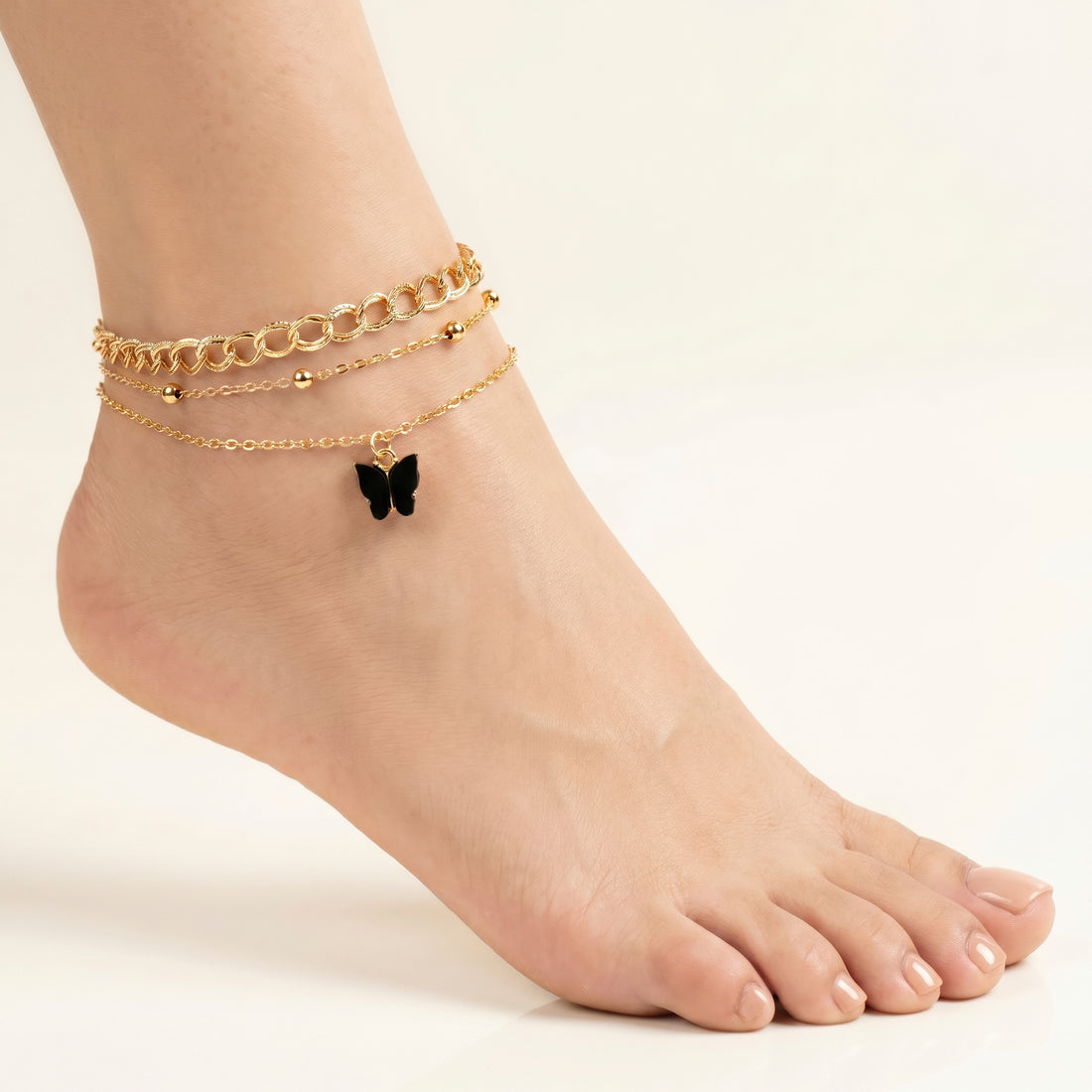 PRAO 3 Anklet Anti-Tarnish Layered Set With Butterfly Pendant (Color May Vary)