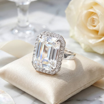 PRAO Ring Anti-Tarnish Emerald Cut Crystal Halo (Adjustable Size)
