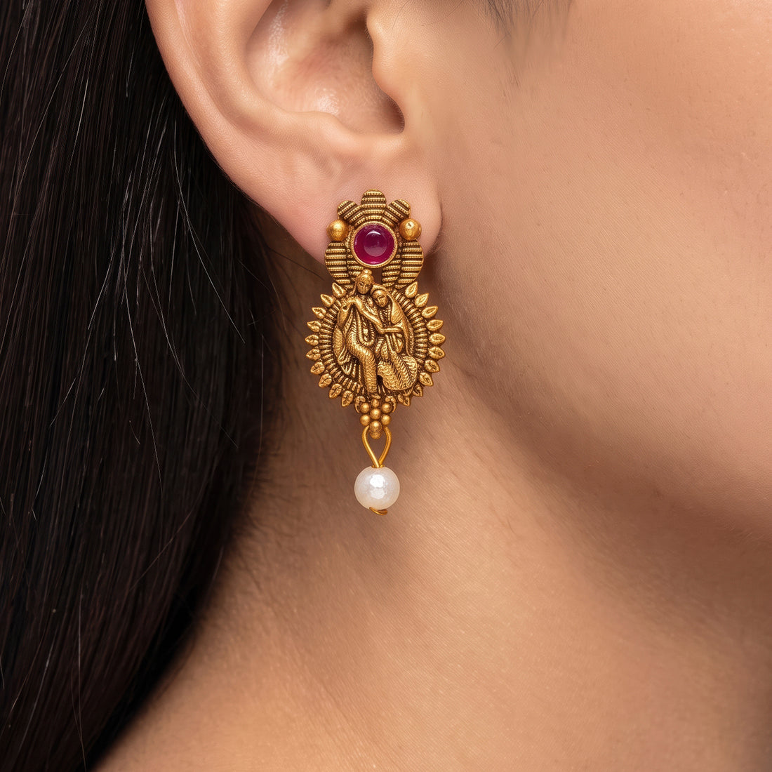 PRAO Earrings Anti-Tarnish Radha Krishna Temple Dangles