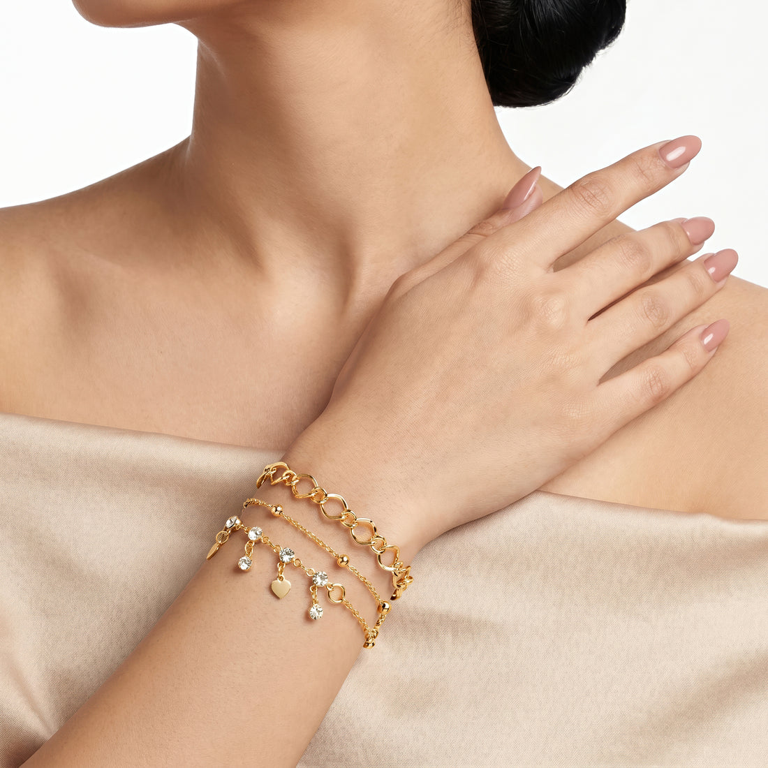 PRAO 3 Bracelet Anti-Tarnish Wavy Link, Heart, Crystal, And Gold Beads (Adjustable Size)