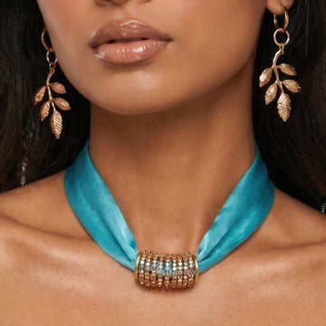 PRAO COMBO With Turquoise Silk Scarf Choker And Leaf Hoop Earrings Set