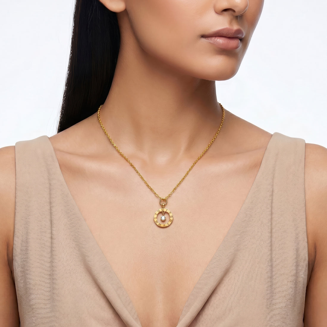PRAO Necklace Anti-Tarnish Minimal Circular Pendant With Crystal Center