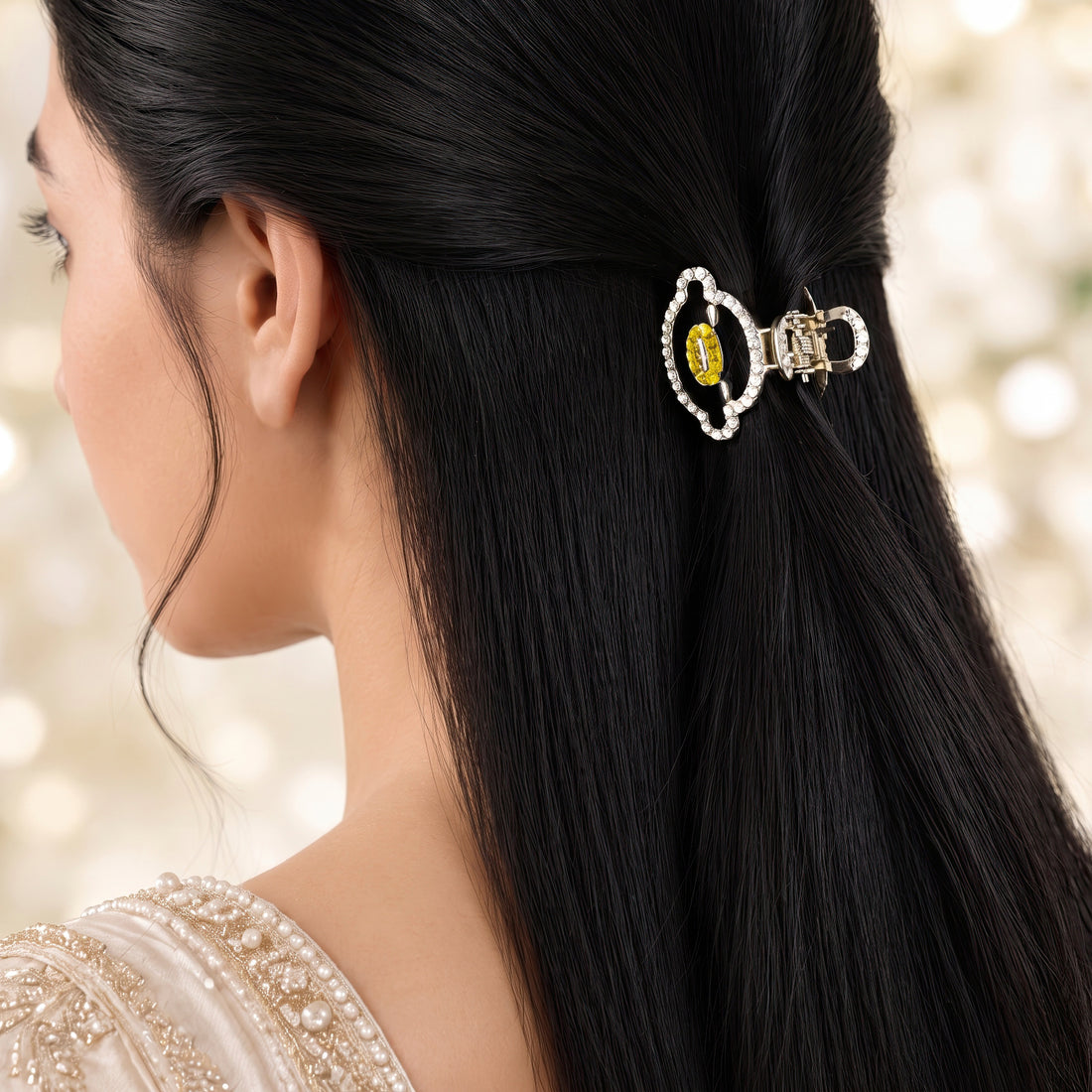 PRAO Hair Claw Clip Anti-Tarnish Yellow And White Crystal