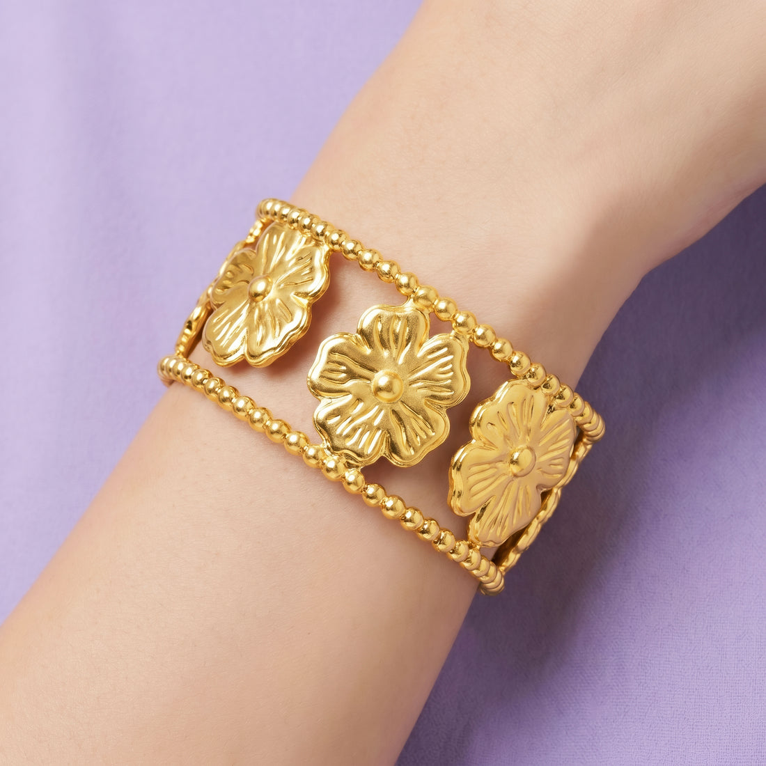 PRAO Bracelet Anti-Tarnish Floral Openwork Cuff (Adjustable Size)