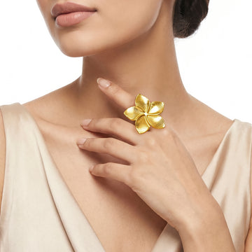 PRAO Ring Anti-Tarnish Frangipani Floral Ribbed (Adjustable Size)