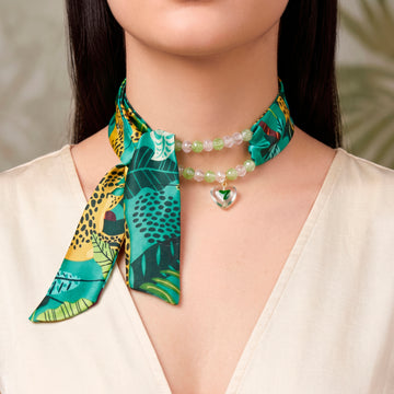 PRAO Necklace Cum Bracelet Silk Scarf With Crystal Beads And Heart Charm