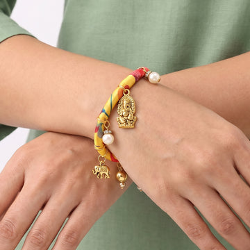 PRAO Necklace Cum Bracelet Anti-Tarnish Yellow Printed Fabric With Ganesha Pendant And Charms