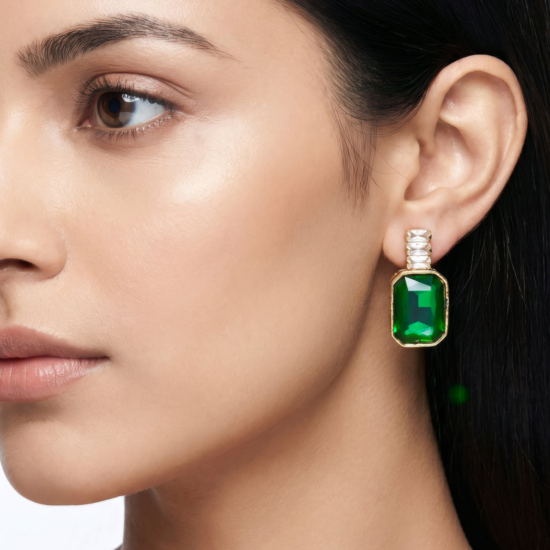PRAO Earrings Anti-Tarnish Baguette Chain & Emerald Crystal Dangles