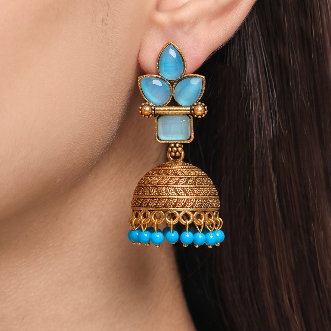 PRAO Earrings Anti-Tarnish Blue Stone Jhumka