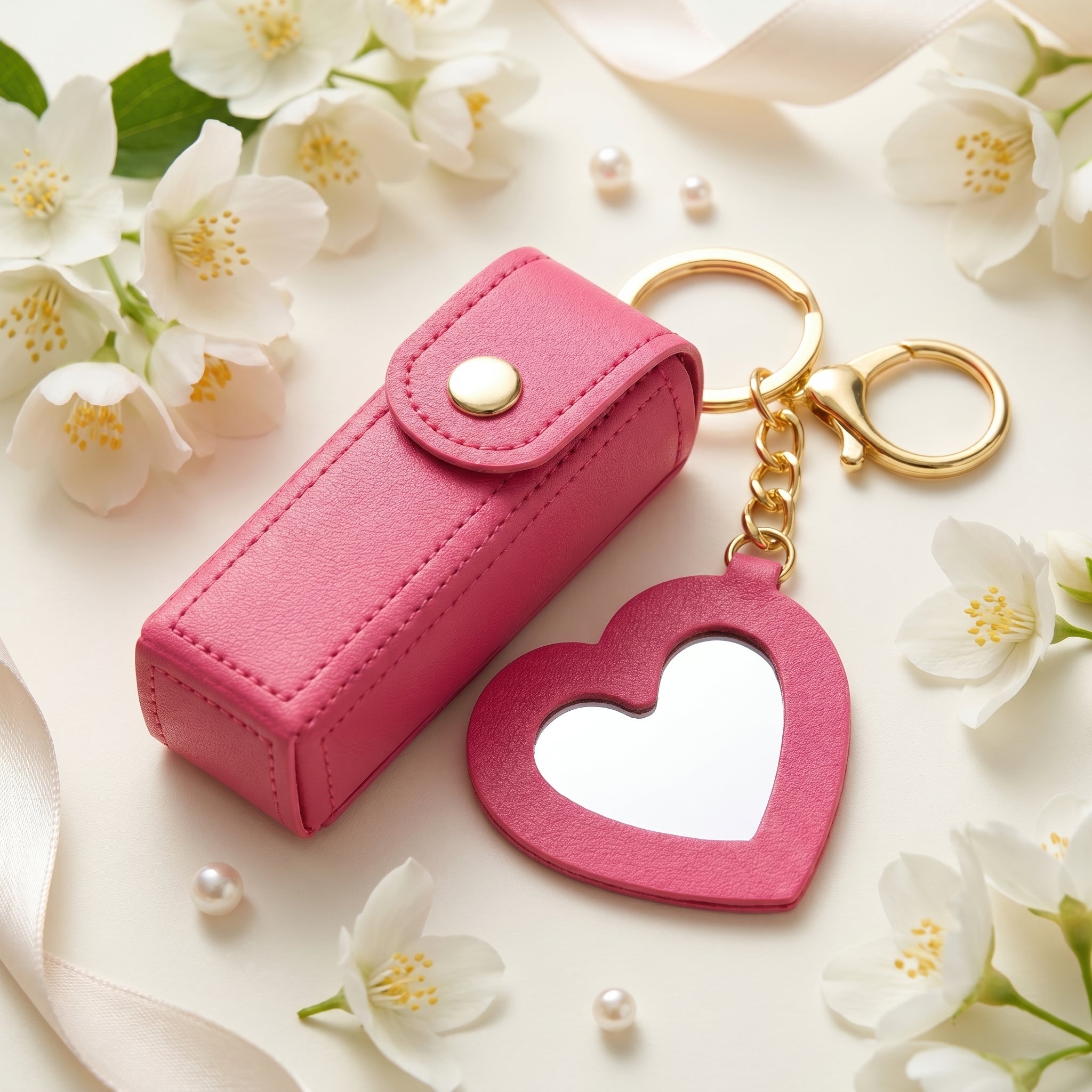 PRAO Keychain Hot Pink Lipstick Holder Mirror