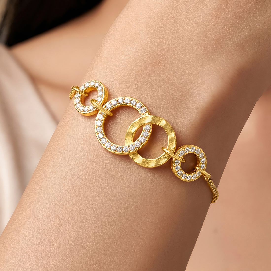 PRAO Bracelet Anti-Tarnish Gold Plated Inter-Linked Crystals Studded Circles (Adjustable Size)