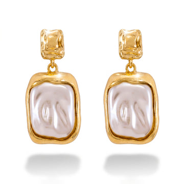 PRAO Earrings Anti-Tarnish Hammered Gold Frame Pearl