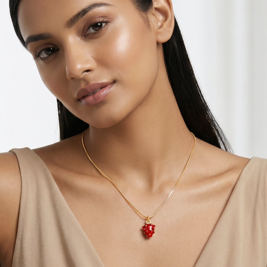 PRAO Necklace Anti-Tarnish Burgundy Glass Strawberry Pendant