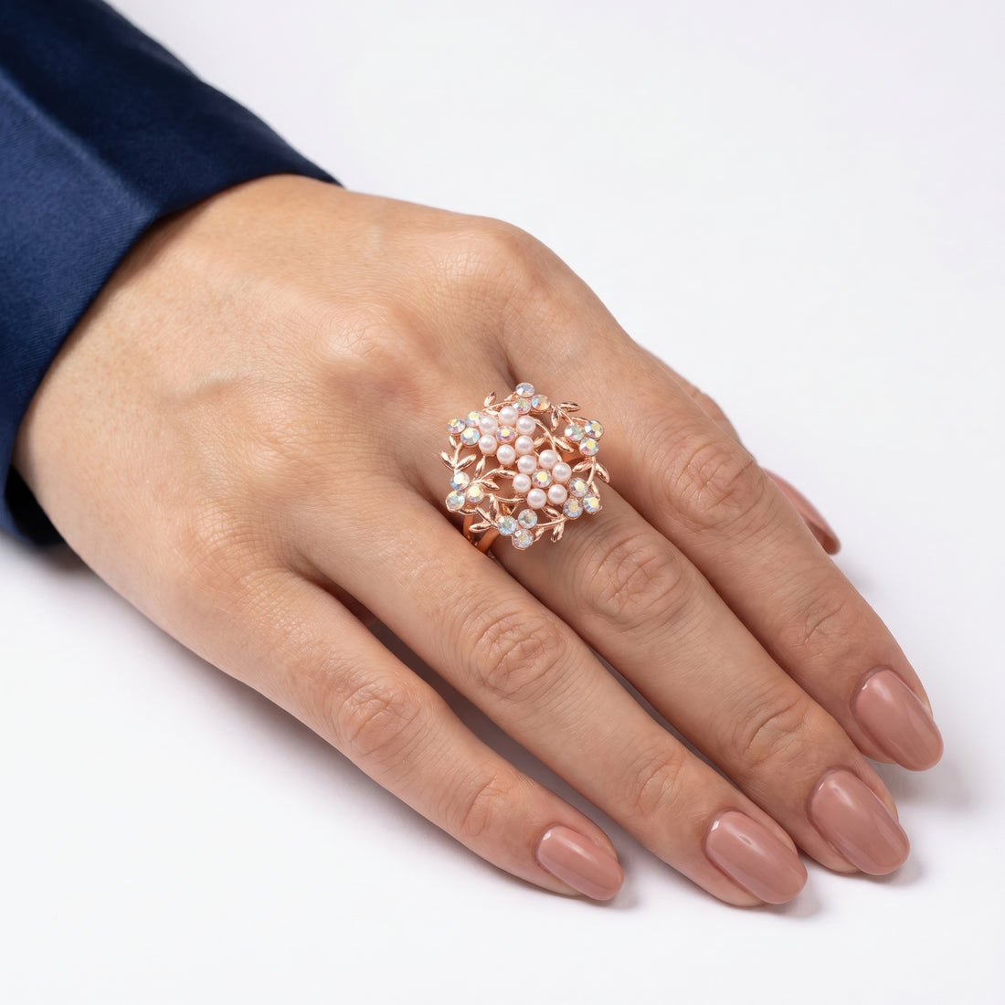 PRAO Ring Anti-Tarnish Rose Floral With Pearls And Iridescent Crystals (Adjustable Size)