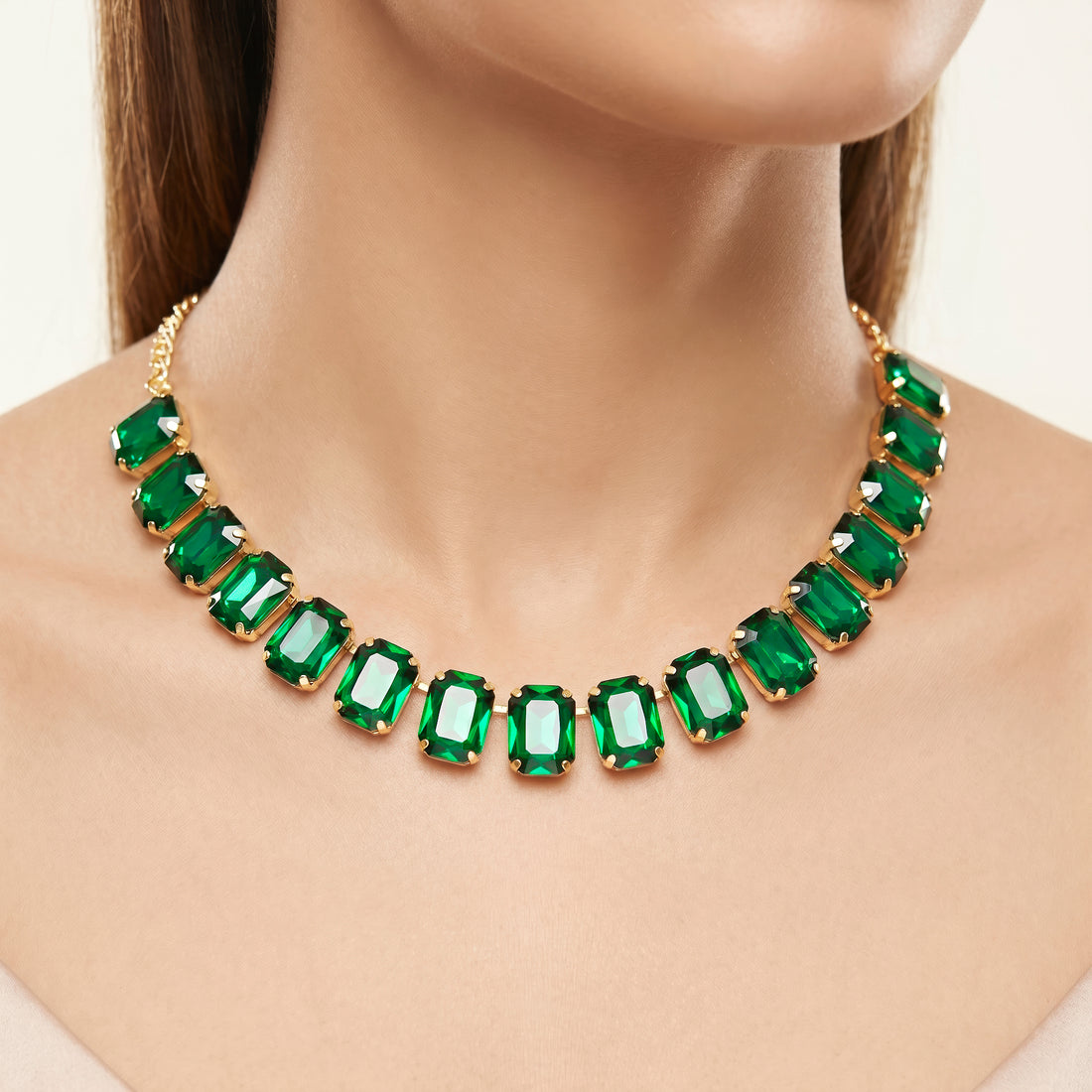PRAO Necklace Anti-Tarnish Emerald Rectangle Crystal Single-Line