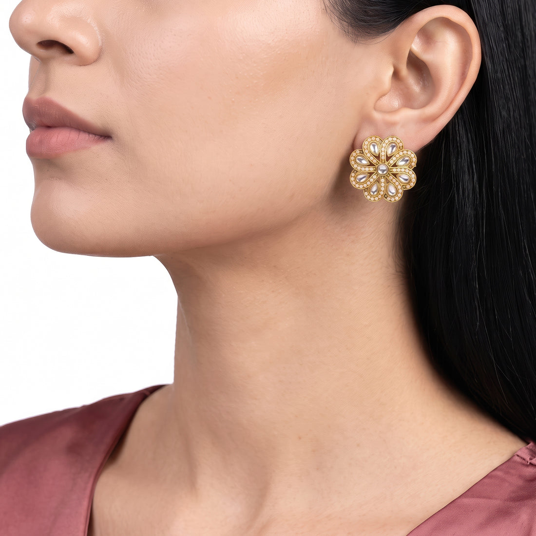 PRAO Earrings Anti-Tarnish Kundan Floral Studs