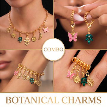 PRAO BOTANICAL CHARMS COMBO ✨ Anti-Tarnish Gold Plated Necklace, Bracelet, Ring, Earrings & 7 Detachable Charms (Complete Set)