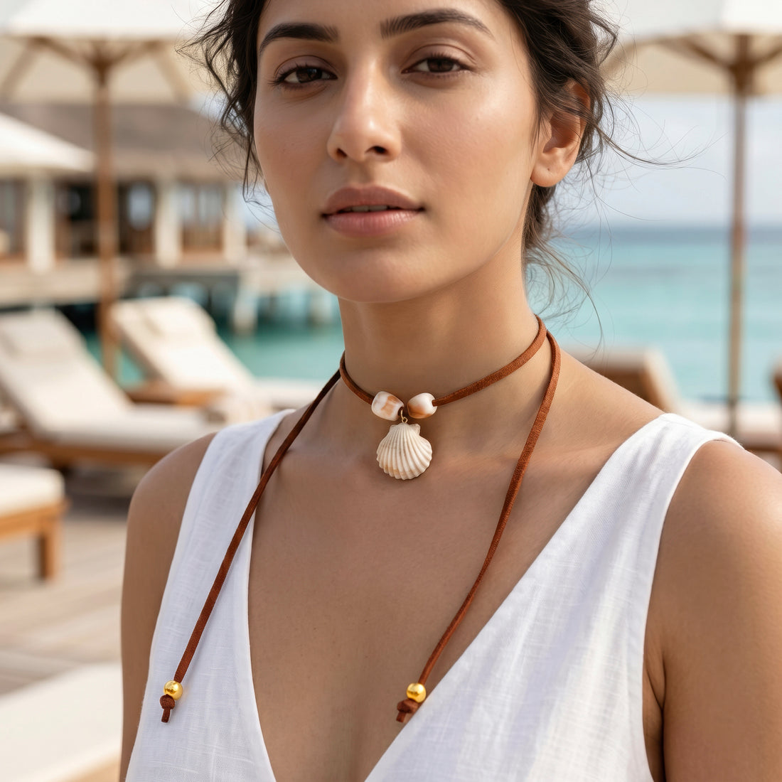 PRAO Necklace Cum Bracelet Anti-Tarnish Brown Suede Choker With Shell Pendants