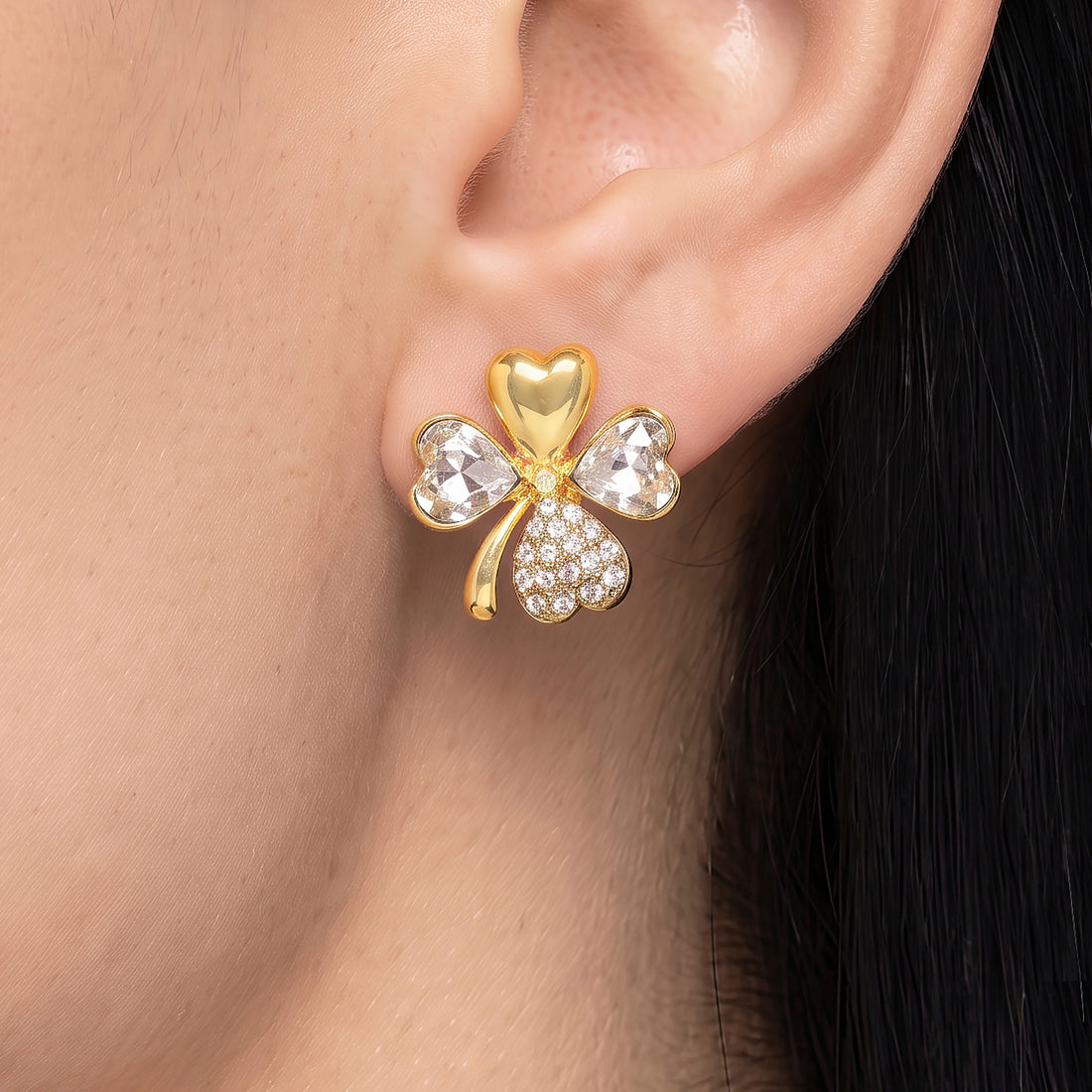 PRAO Earrings Anti-Tarnish Clover Crystal Studs