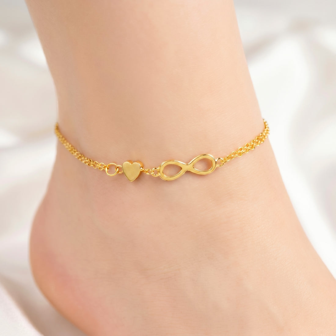 PRAO Anklet Anti-Tarnish Infinity Charm Double-Strand Chain