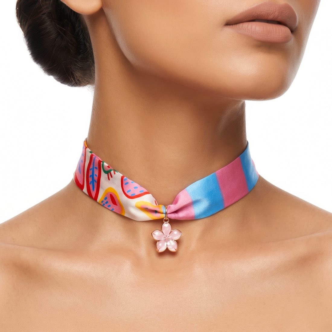 PRAO Necklace Anti-Tarnish Floral-Patterned Silk Scarf Choker With Delicate Pink Flower Pendant