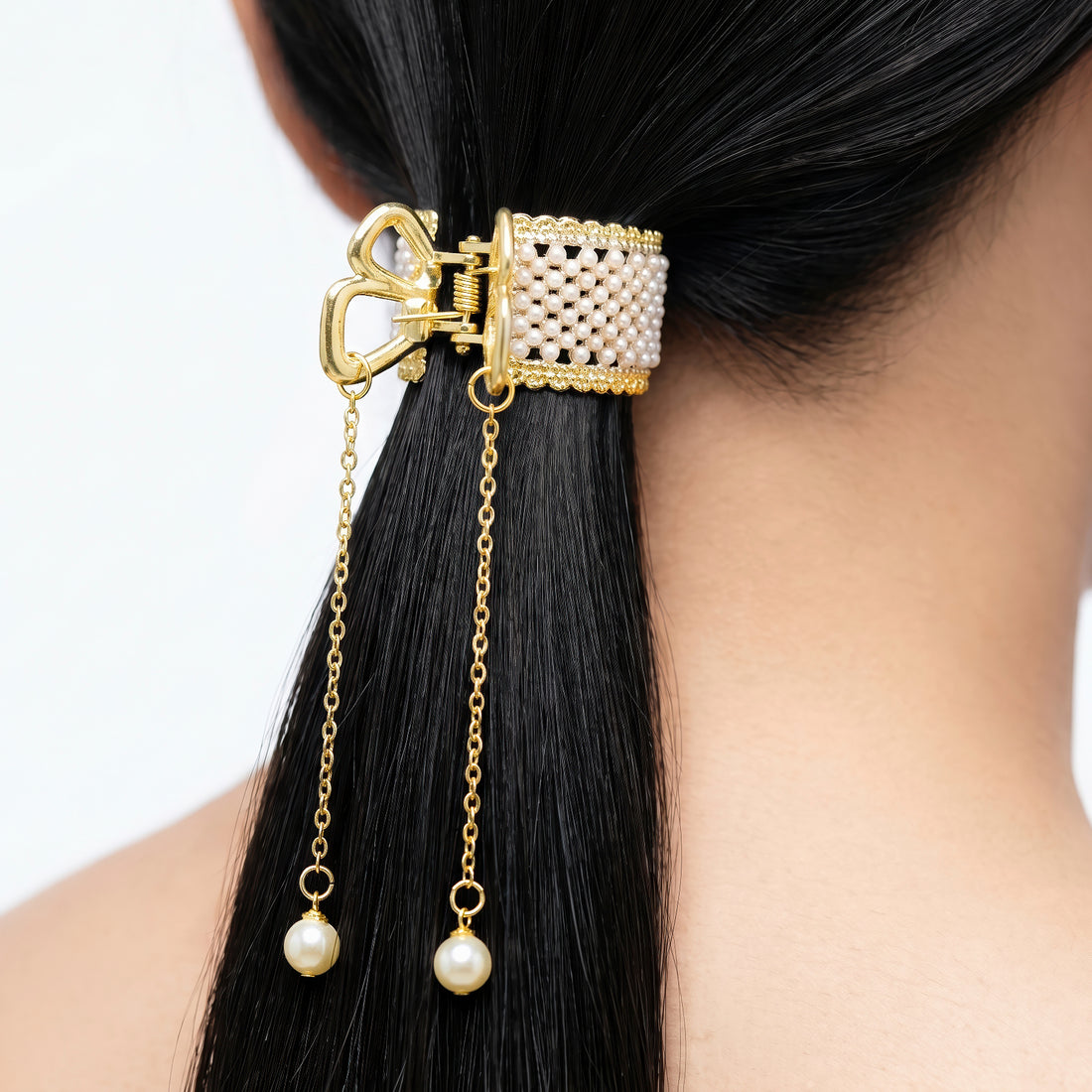 Prao Hair Claw Clip Anti-Tarnish Pearl Encrusted With Tassel Drop