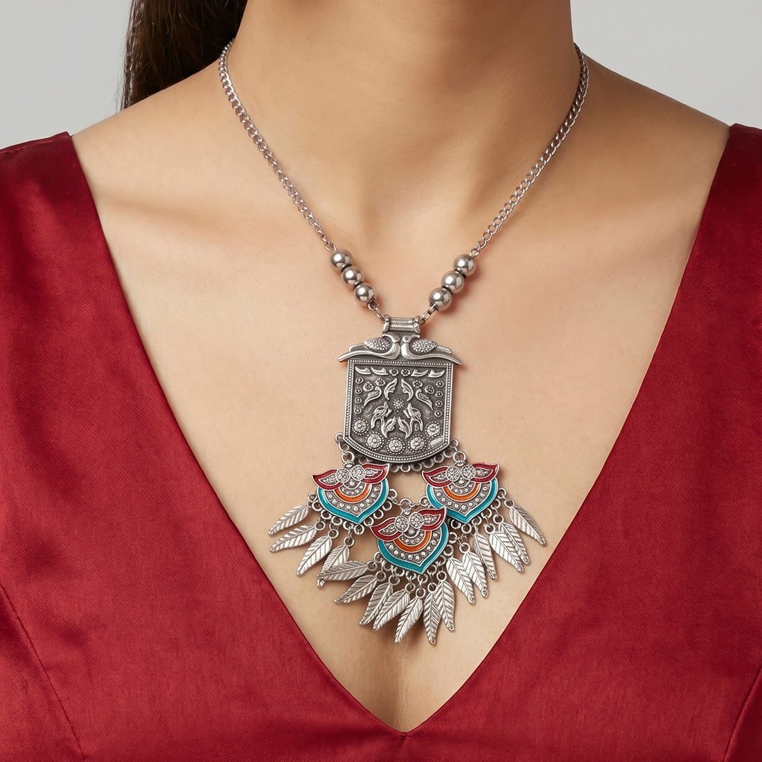PRAO Necklace Anti-Tarnish Oxidised Boho Teal Red Leaf Charms Set With Earrings