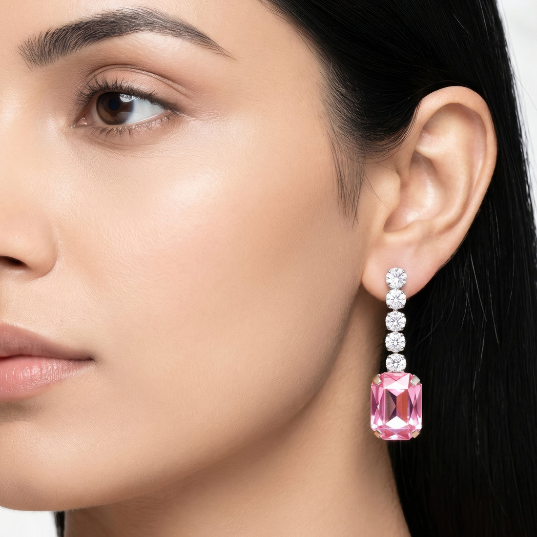 PRAO Earrings Anti-Tarnish Rose Pink Rectangular Crystal Dangles