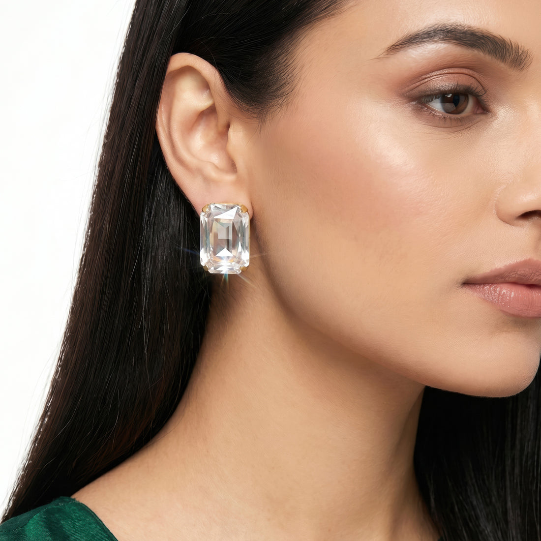 PRAO Earrings Anti-Tarnish White Emerald-Cut Crystal Studs