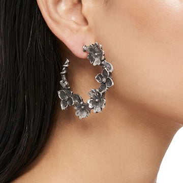 PRAO Earrings Anti-Tarnish Oxidised Hoops Floral Strand Motifs