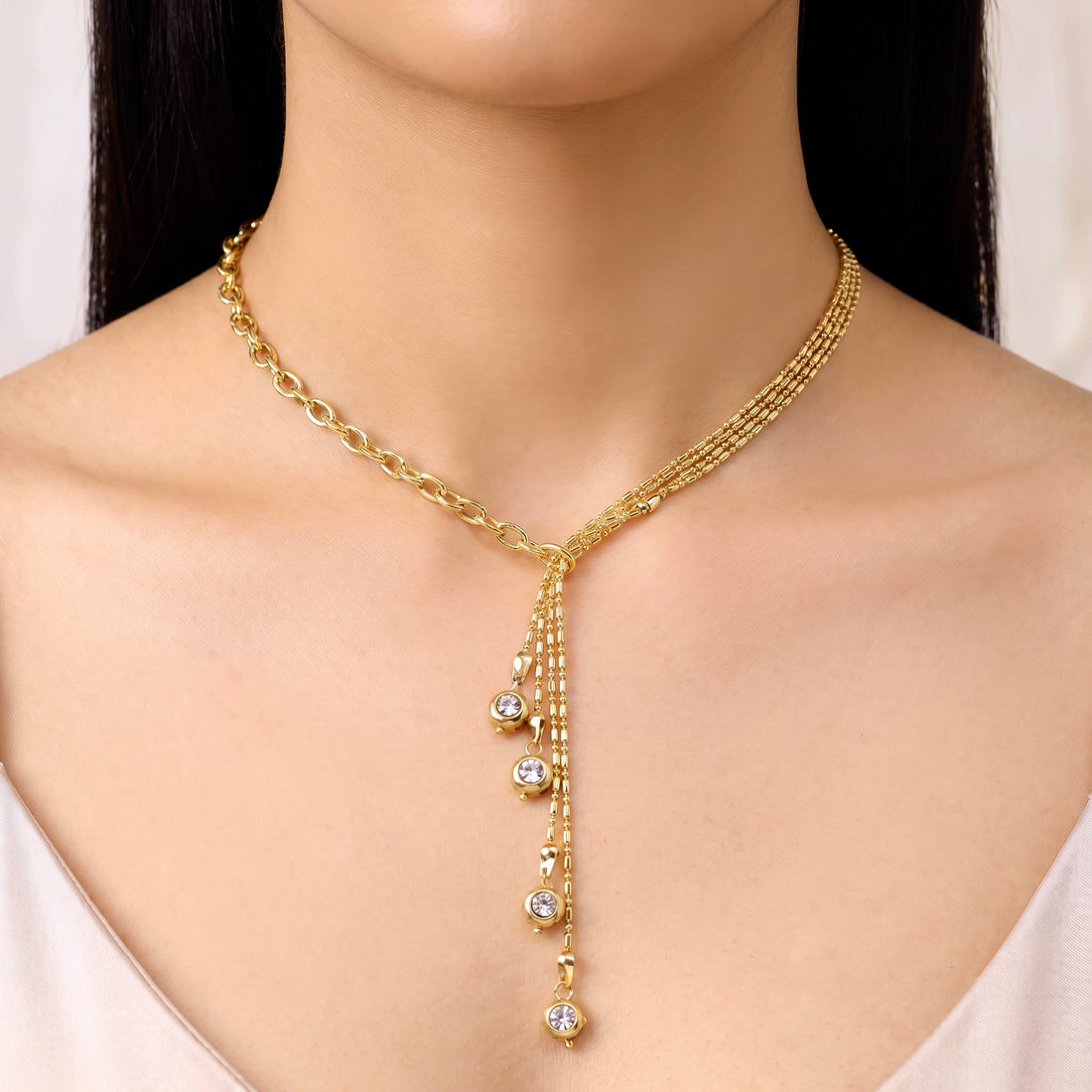 PRAO Necklace Anti-Tarnish Capsule Chain Y-Shape With Crystal Highlights