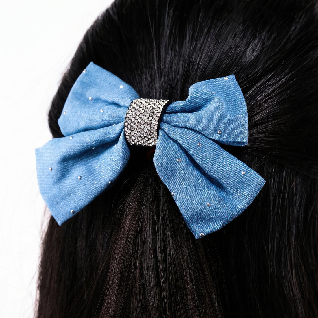 PRAO Hair Clip Anti-Tarnish Light Denim Bow Rhinestone Center Band