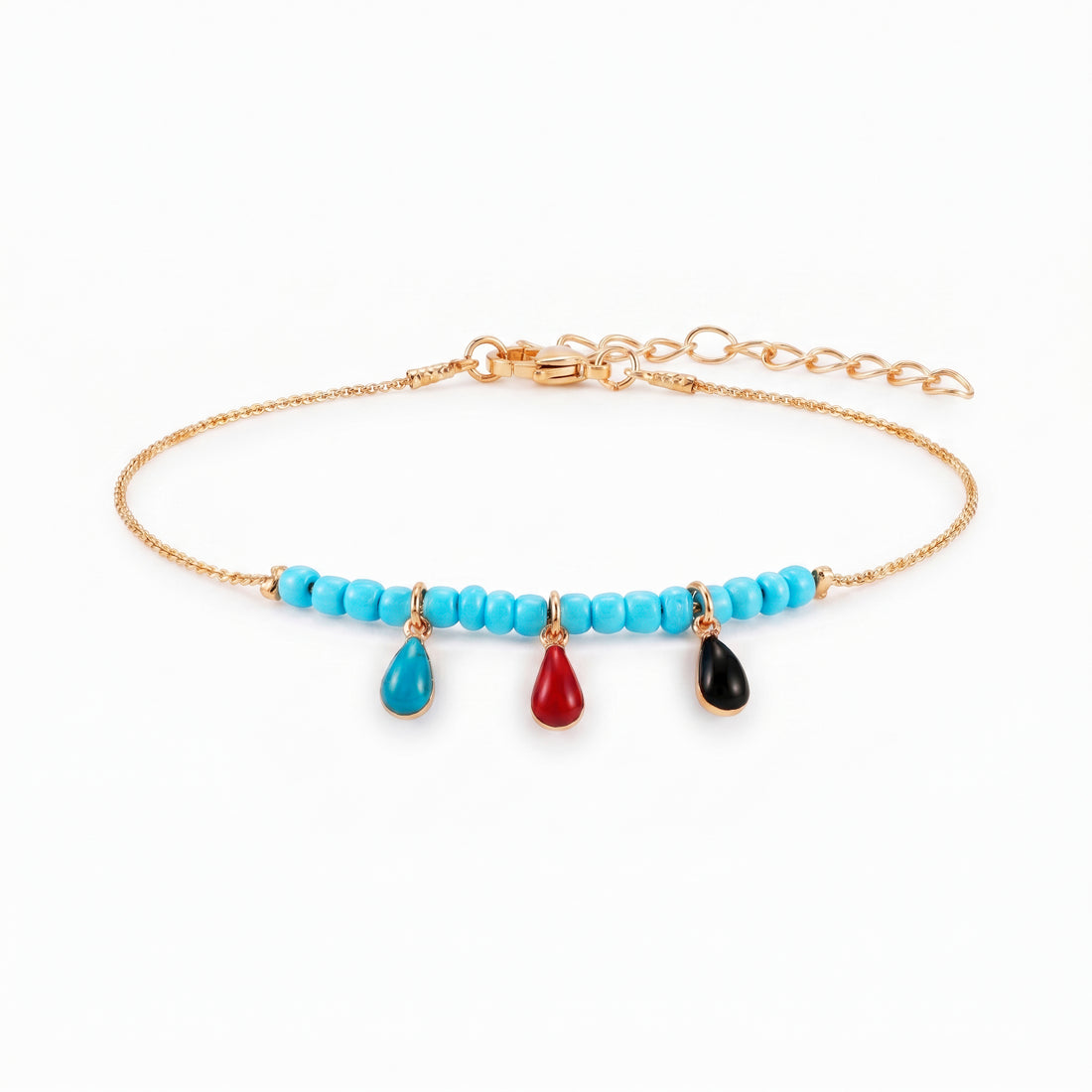 PRAO Anklet Anti-Tarnish Turquoise-Colored Beads And Multi-Colored Teardrop Charms