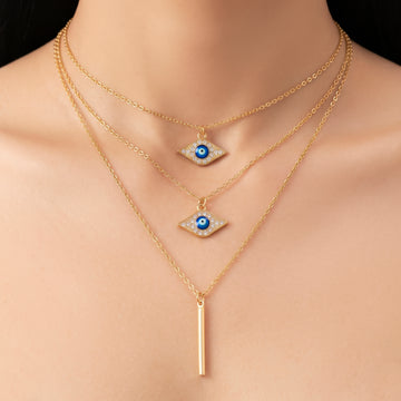 PRAO Necklace Anti-Tarnish Layered Evil Eye Charm With Bar Pendant