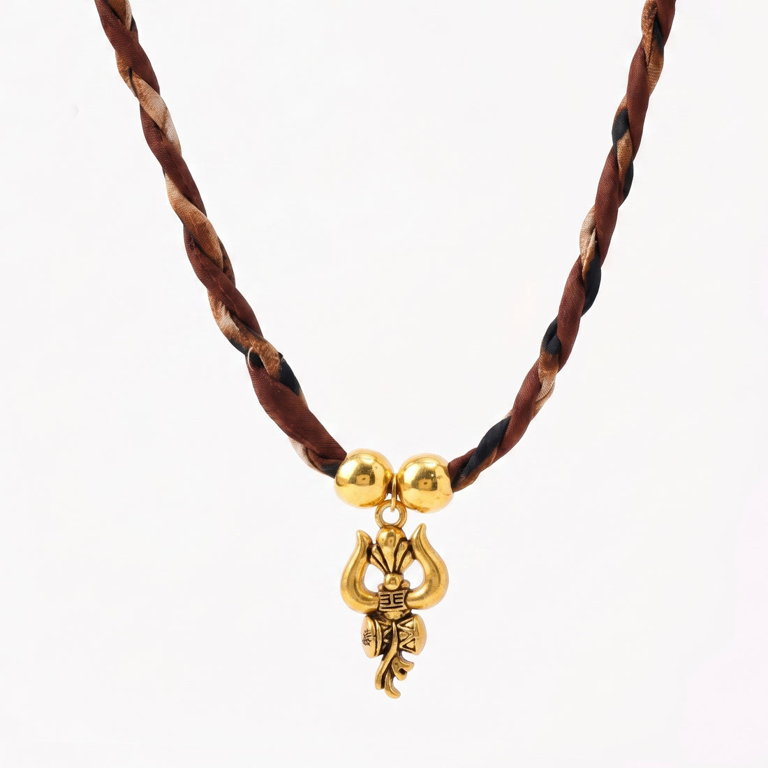 PRAO Necklace Cum Bracelet Anti-Tarnish Braided Brown Cord Choker With Golden Trishula Pendant & Accent Beads