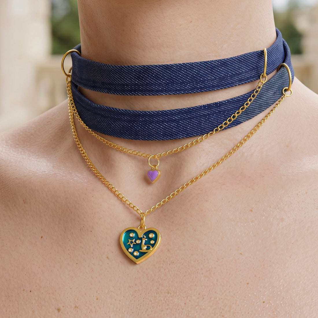 PRAO Necklace Anti-Tarnish Denim Heart Layered Chain