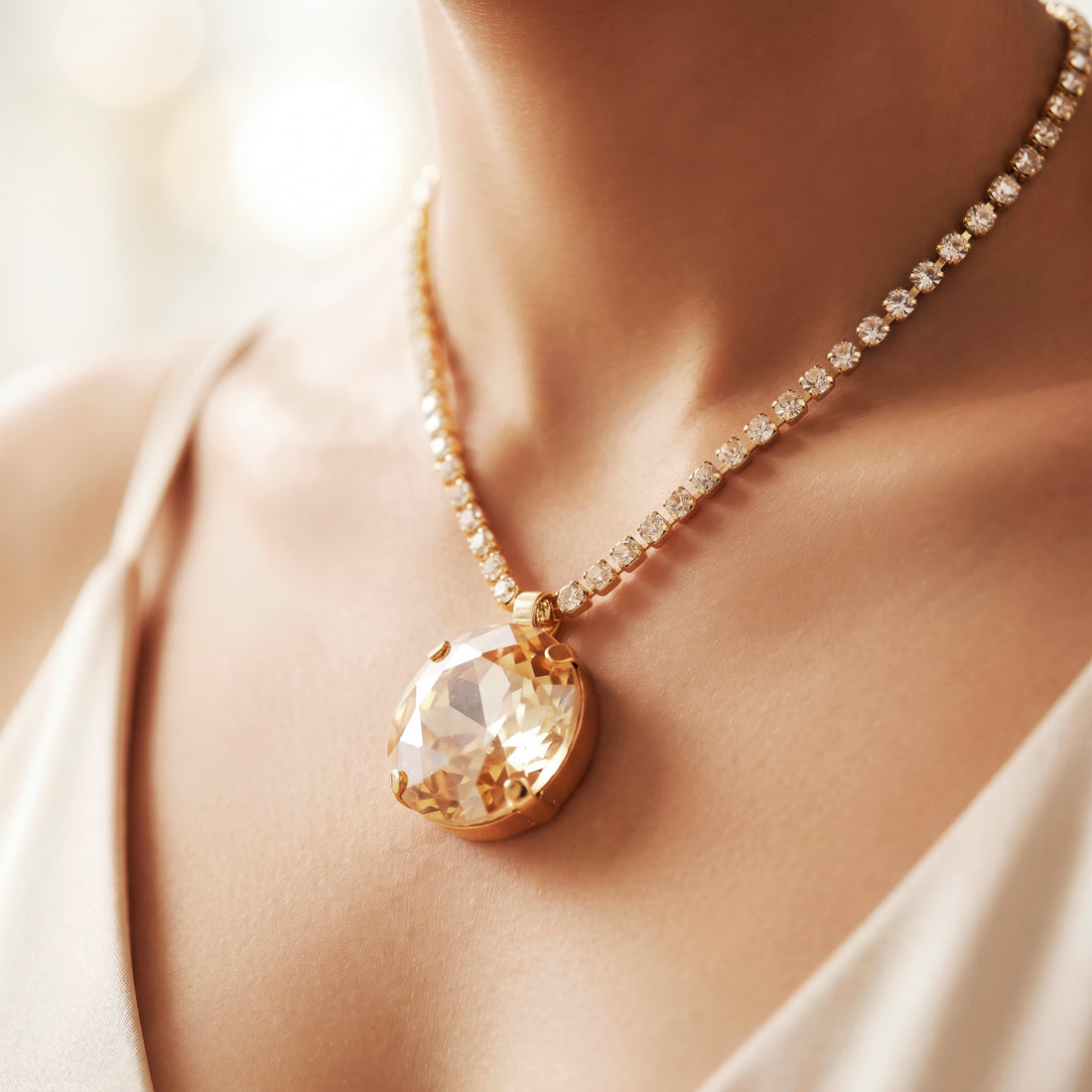 PRAO Necklace Anti-Tarnish Oversized Round Champagne Crystal Pendant