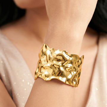 PRAO Bracelet Anti-Tarnish Hammered Textured Broad Cuff (Adjustable Size)