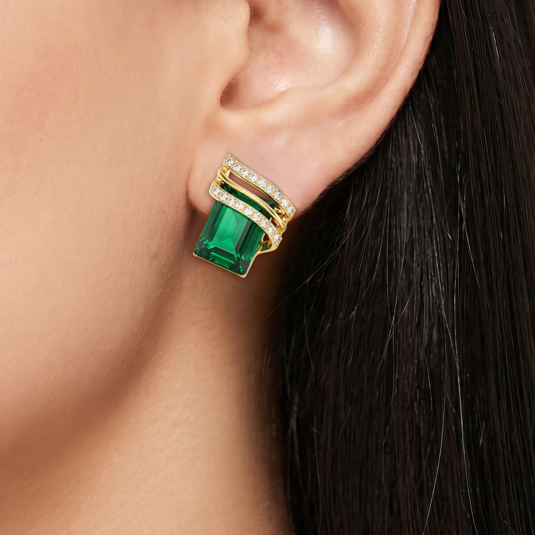 PRAO Earrings Anti-Tarnish Stud With Emerald-Cut Green Stones And Rhinestone Accents