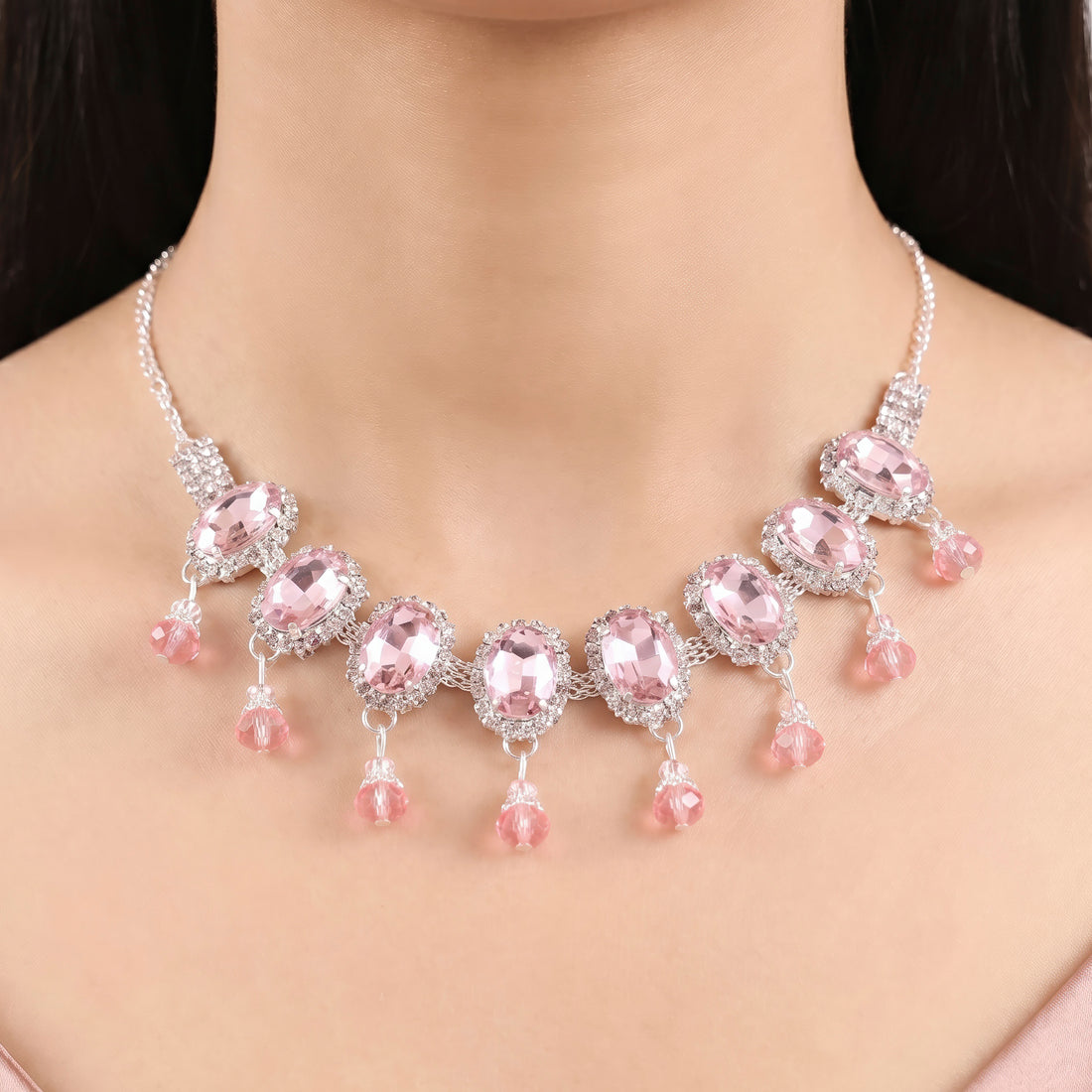 PRAO Necklace Anti-Tarnish Oval Pink Gemstone